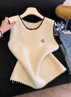 新款刺绣休闲风通勤背心马夹女秋季针织毛衣撞色花边马甲女53525