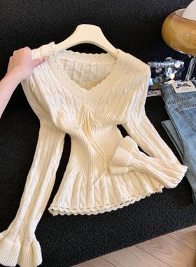 V领绑带花边长袖针织衫女冬季新款韩系收腰显瘦休闲打底上衣53554