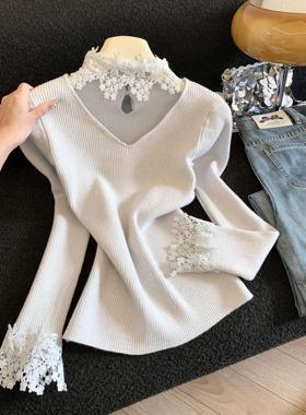 设计感半高圆领刺绣花拼接针织衫百搭打底衫2025女秋冬新款53137