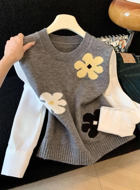 洋气花朵提花圆领针织衫女2025冬季新款拼接假两件套上衣女53511