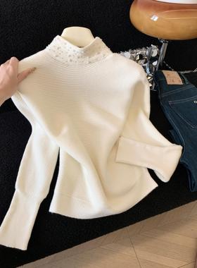 秋冬新款韩系温柔休闲钉珠纯色气质百搭高领针织衫上衣女53475