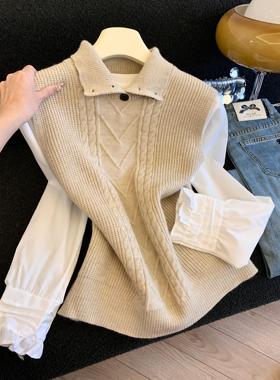 学院风半高领针织马甲打底衫两件套装女秋冬拼接衬衫套装53624