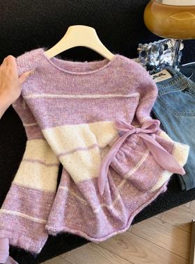 浅蓝色细闪亮片针织衫条纹毛衣女2025秋冬宽松超好看上衣53001