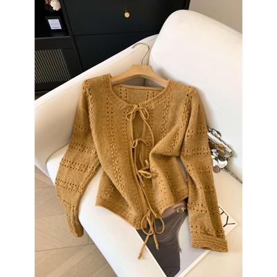 秋新款女装慵懒镂空肌理感系带针织开衫复古温柔风短毛衣 52464