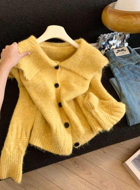 气质翻领外穿毛衣外套慵懒高级感女小个子短款针织开衫上衣 52713