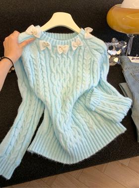 减龄甜美风上衣2025秋冬季新款蝴蝶结圆领长袖套头针织衫女53519