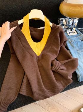 韩系撞色挂脖设计假两件毛衣女2025秋季新款时尚洋气上衣潮53064