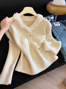新款蝴蝶结法式立体花朵V领系带针织衫女洋气减龄设计感毛衣53649