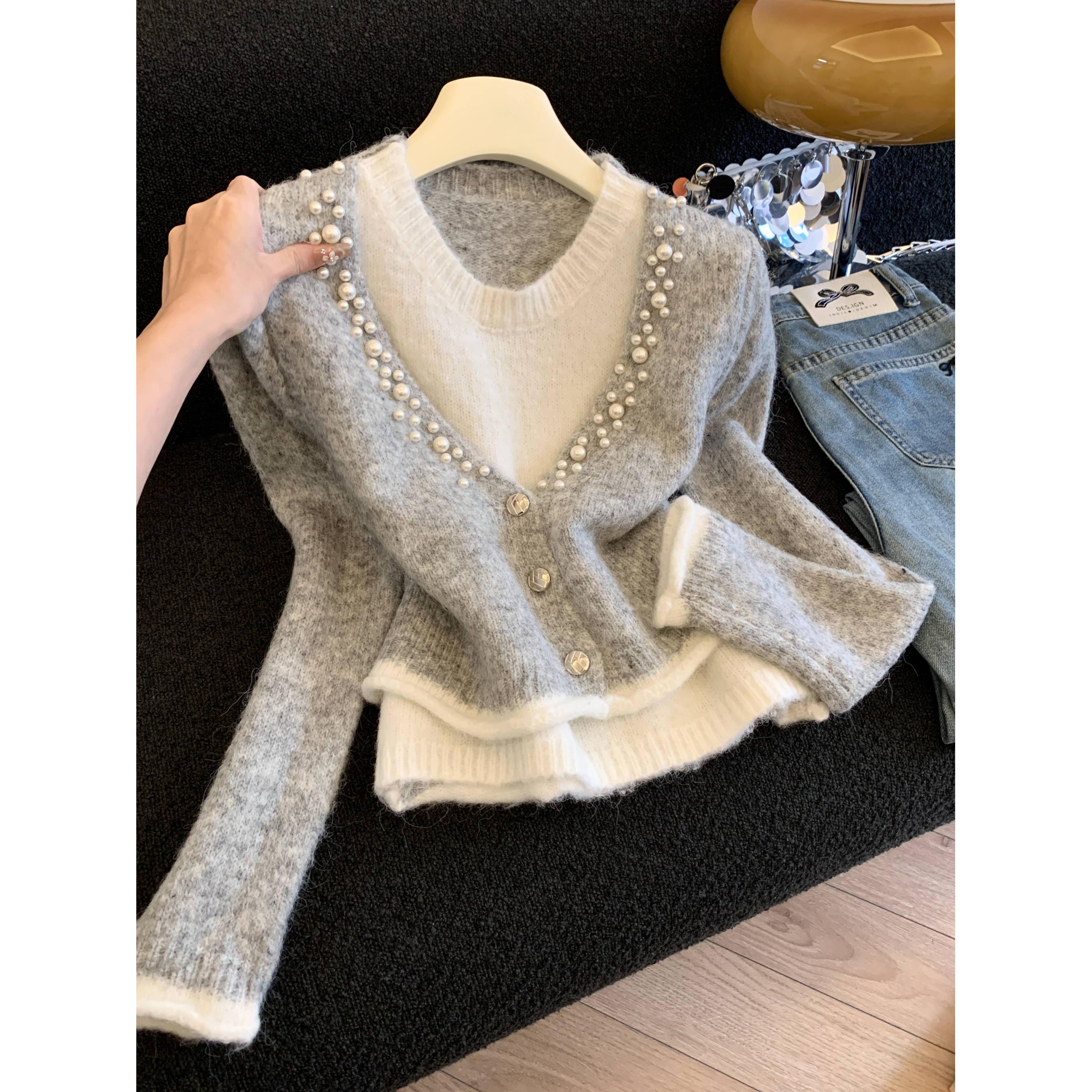 气质叠穿假两件上衣女时尚洋气针织毛衣慵懒高级设计感小众50089