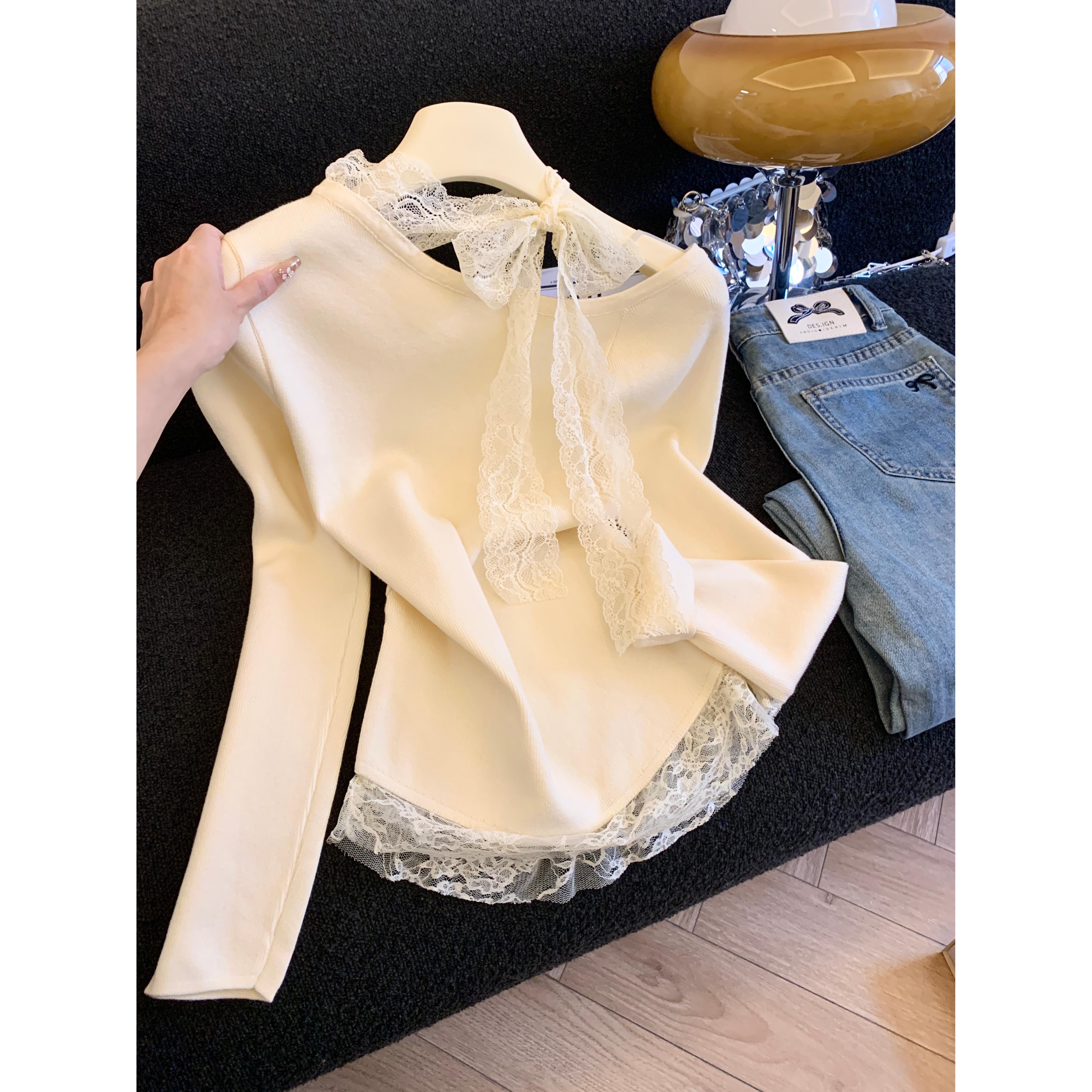 斜领露肩长袖针织女秋纯欲风甜辣妹蕾丝拼接内搭打底衫上衣50314