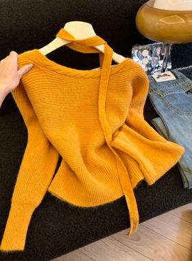 法式温柔风飘带针织衫女2025秋冬新款慵懒宽松显瘦毛衣上衣53117