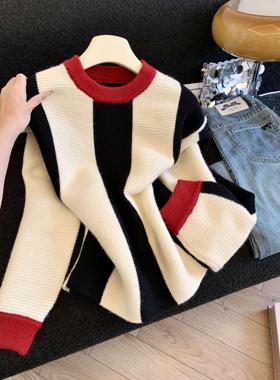 秋季新款韩系慵懒风针织衫女撞色拼接宽松显瘦毛衣上衣52945