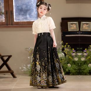 女童马面裙套装黑色织金汉服儿童唐装新中式礼服小女孩古装演出服
