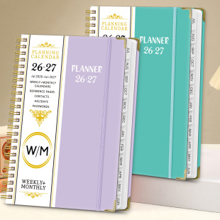 新款 2027年英文笔记本A5线圈日历本每周计划本记录日程本绑带