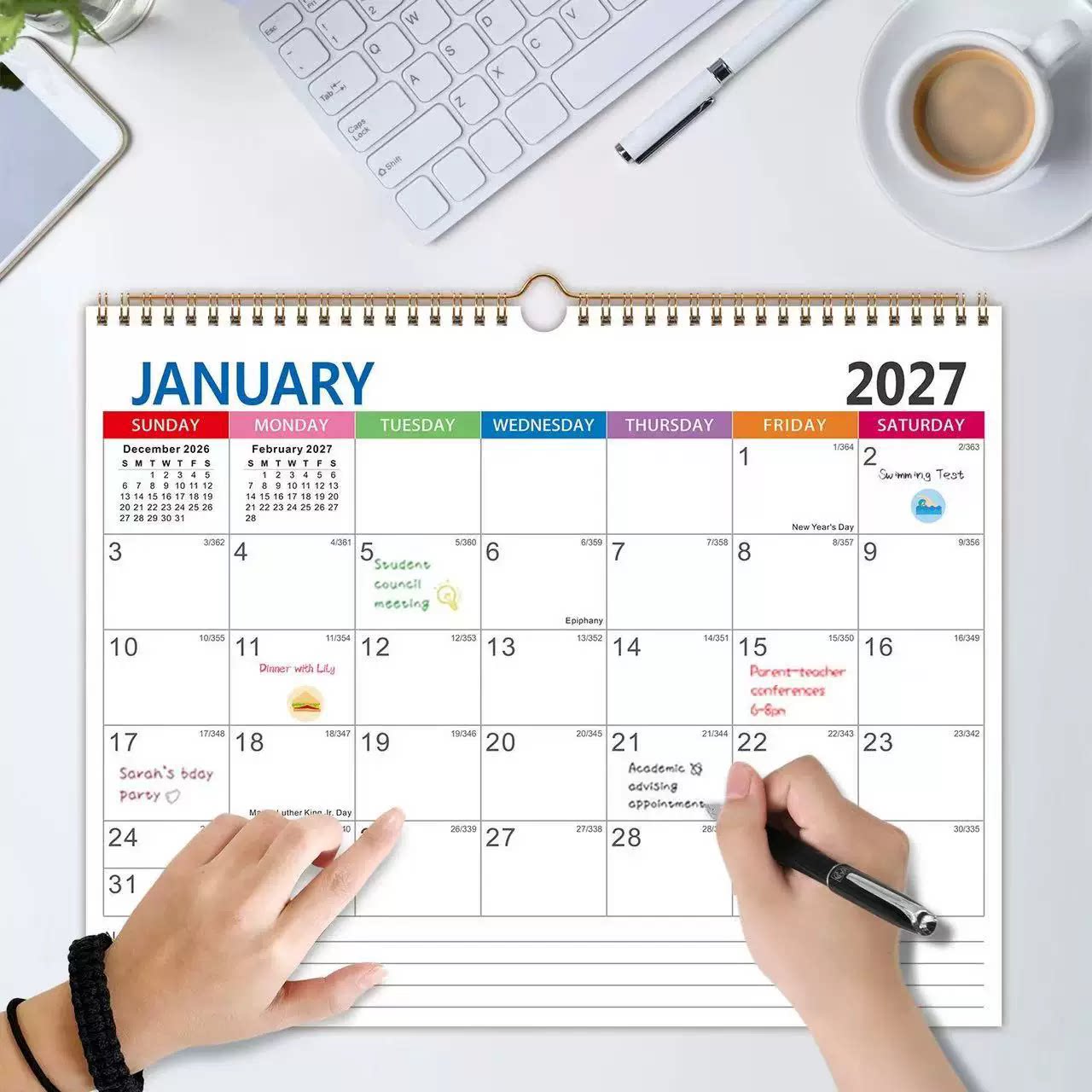 新款2026-2027年英文日历YO线圈多国假期挂历简约创意桌面台历