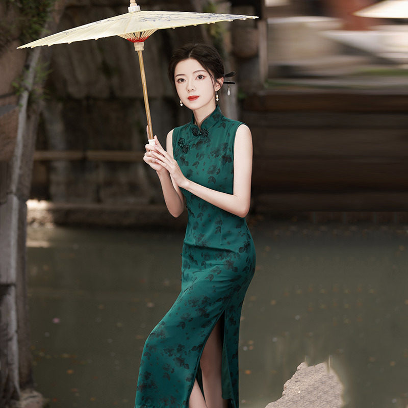 墨绿色国风新中式老上海无袖长款改良旗袍女高级感复古修身晚礼服