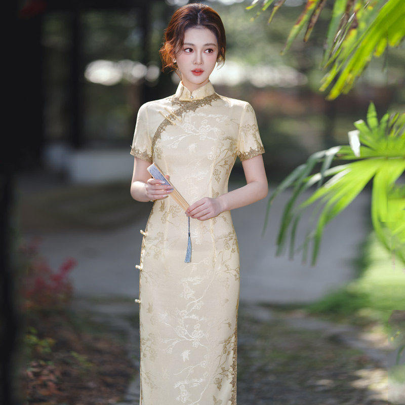 香槟色国风新中式长款改良旗袍2026新款年轻款女高级感短袖春夏季