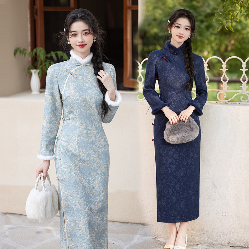 【热销同款】蓝色加绒加厚冬装国风中式长款长袖改良旗袍女秋冬季