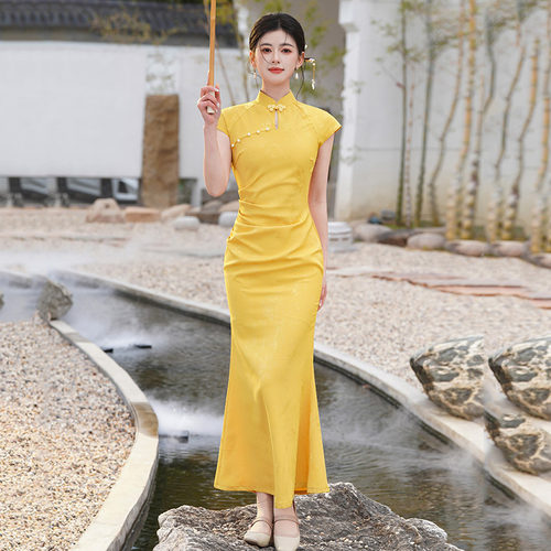 柠檬黄国风新中式鱼尾长款改良旗袍2026新款女复古修身宴会晚礼服
