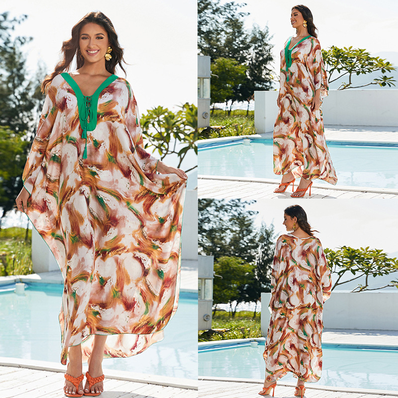 外贸欧美新款棉印花宽松度假沙滩比基尼罩衫女泳衣外搭长裙长袍女