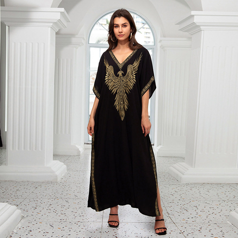 跨境欧美度假新款棉绣花宽松大码沙滩外套连衣长裙比基尼罩衫女士