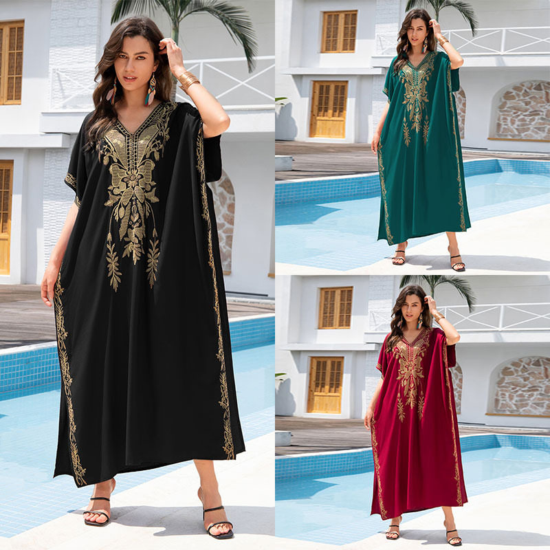 新款欧美棉绣花沙滩连衣裙宽松大码长袍绣花比基尼泳衣外搭罩衫女