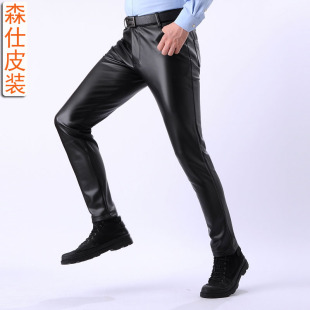 青年单款 男士 小脚秋冬加厚紧身防水防风骑行机车 皮裤 超弹高弹修身
