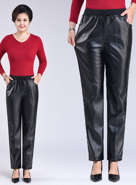 皮裤女中老年冬款外穿高腰宽松大码加绒加厚春秋防水妈妈皮工作裤