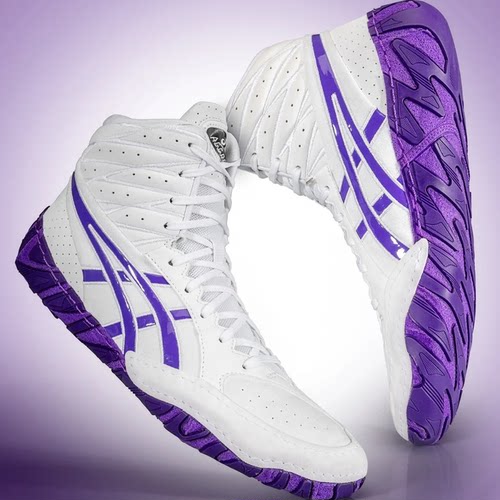 代购Asics AGGRESSOR 6亚瑟士摔跤鞋防滑透气高帮白紫训练比赛鞋