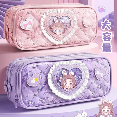 折耳妹妹爱心毛球笔袋新款女生文具盒网红铅笔盒大容量学生笔袋