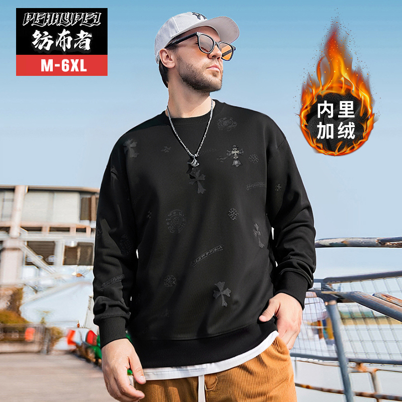 纺布者潮牌大码2025春秋重磅十字架绣花潮胖子加肥加大圆领卫衣男