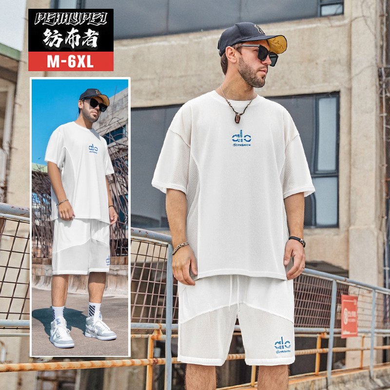 纺布者大码男装夏季网眼季透气宽松加大加肥短袖T恤短裤套装男夏