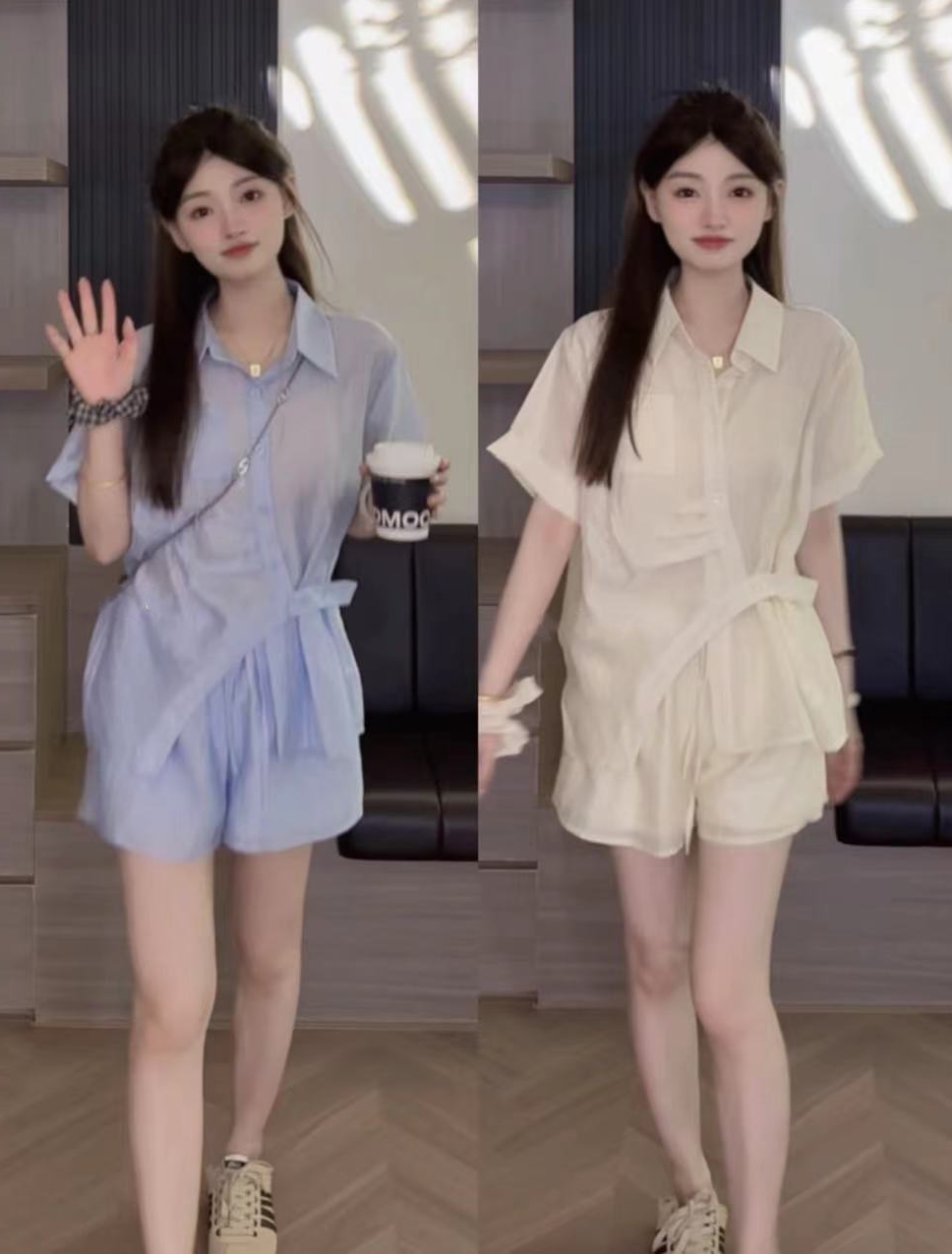 【清爽感】夏季时尚韩系设计感短袖衬衫上衣套装宽松短裤两件套女