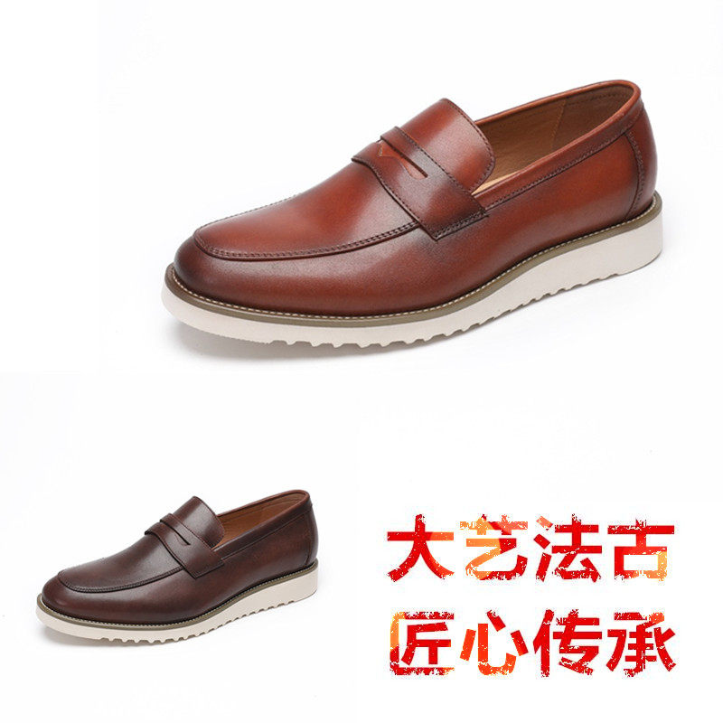 2026春款新潮商务风乐福鞋男式头层牛皮手工擦色一脚蹬英伦休闲鞋