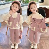 女童灯芯绒秋装 套装 时髦洋气儿童衣服春秋小女孩花边马甲3件套4岁