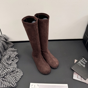 欧洲站绒面高筒靴2025秋冬内增高瘦腿靴圆头弹力靴时尚青年袜靴潮