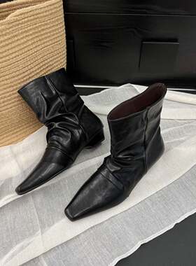韩版低跟方头皱皱裤管短靴