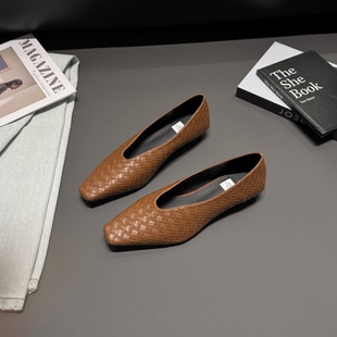 方头浅口单鞋 青年女鞋 女26春一脚蹬坡跟时装 编织气质小皮鞋 鞋 韩版