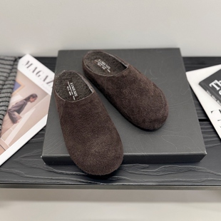 磨砂皮包头拖鞋女2025冬加绒毛毛鞋一脚蹬休闲穆勒鞋青年真皮半拖