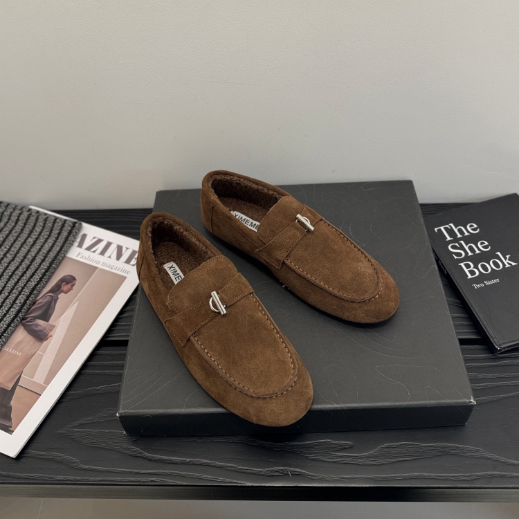 保暖~一脚蹬磨砂皮加绒豆豆鞋