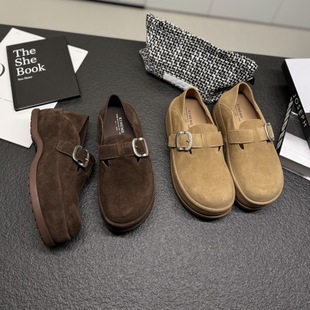 欧洲站厚底勃肯鞋2025秋磨砂真皮乐福鞋皮带扣休闲青年深口单鞋女