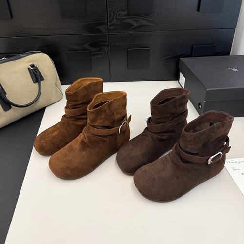苹果头可爱绒面西部短靴