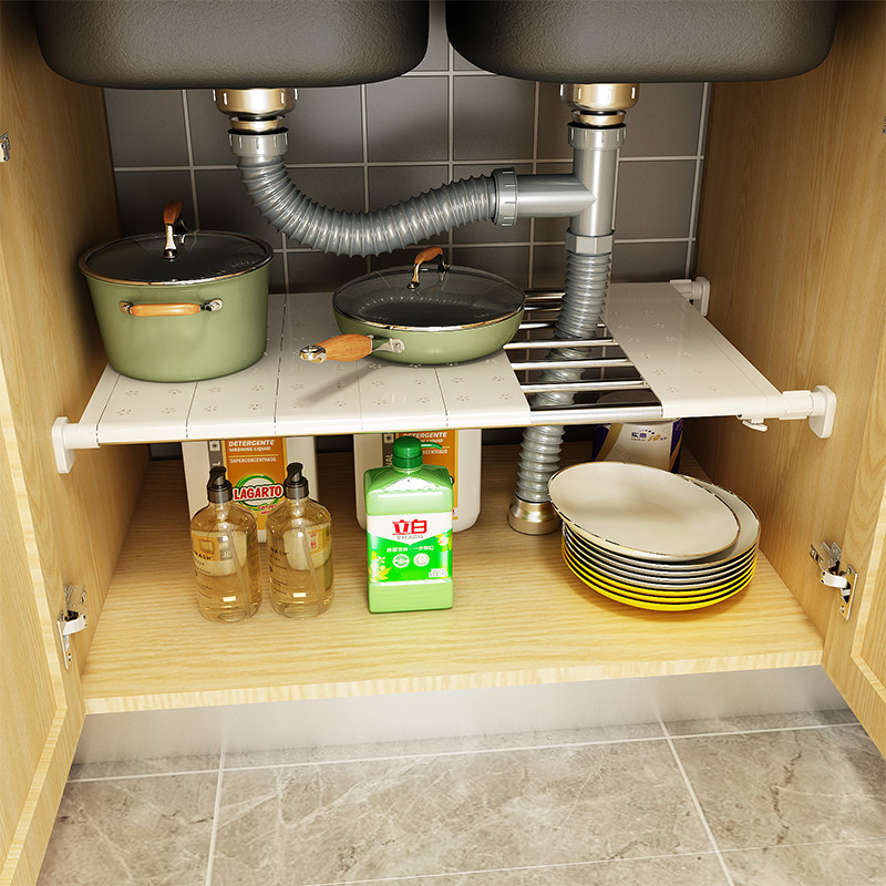 厨房下水槽置物架橱柜内隔板分层伸缩下水管道双层放锅具收纳架子