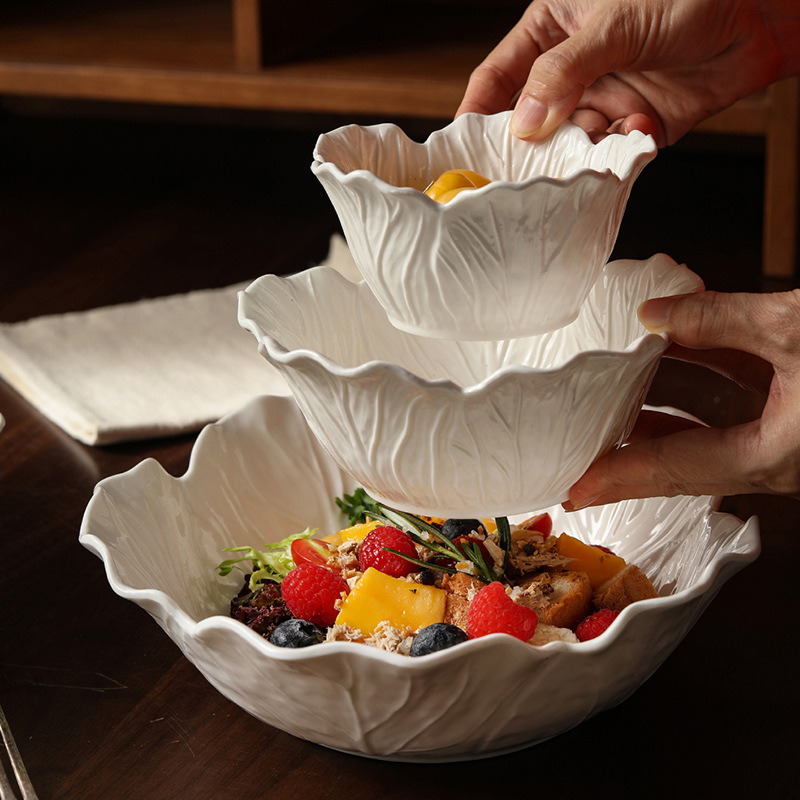 创意莲花汤盘酒店菜盘家用陶瓷沙拉水果点心蛋糕纯白餐具花型盘子