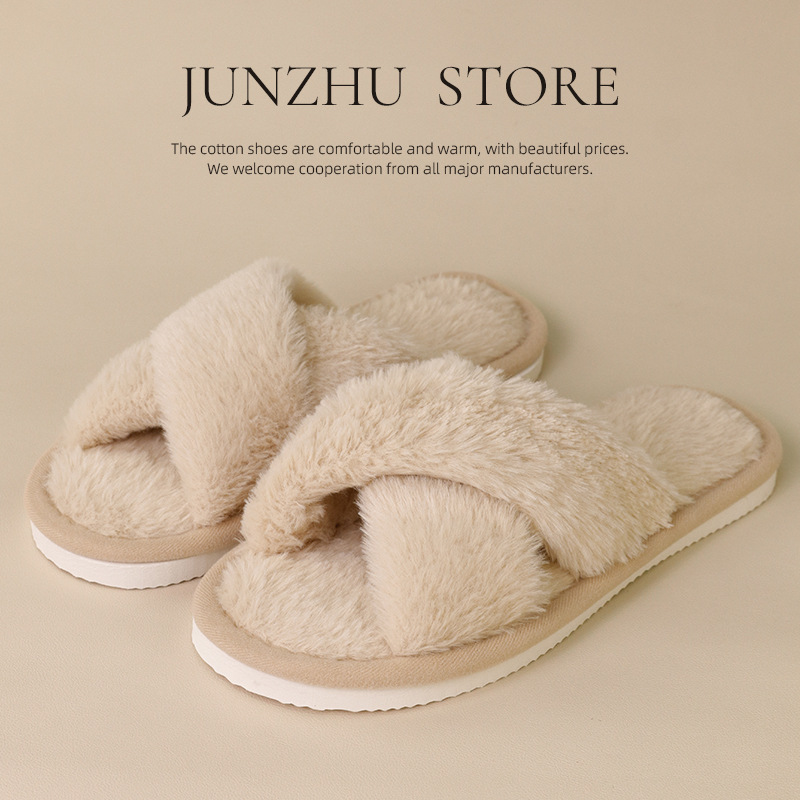 2026交叉纽带秋冬季居家木地板防滑毛毛女士开口室内家用露趾拖鞋