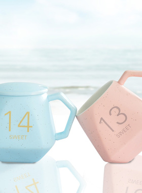1314简约马克杯情侣杯子一对带盖带勺创意陶瓷咖啡杯子结婚水杯