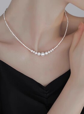 s999纯银施家珍珠碎银子项链女渐变微笑锁骨链高级感颈链