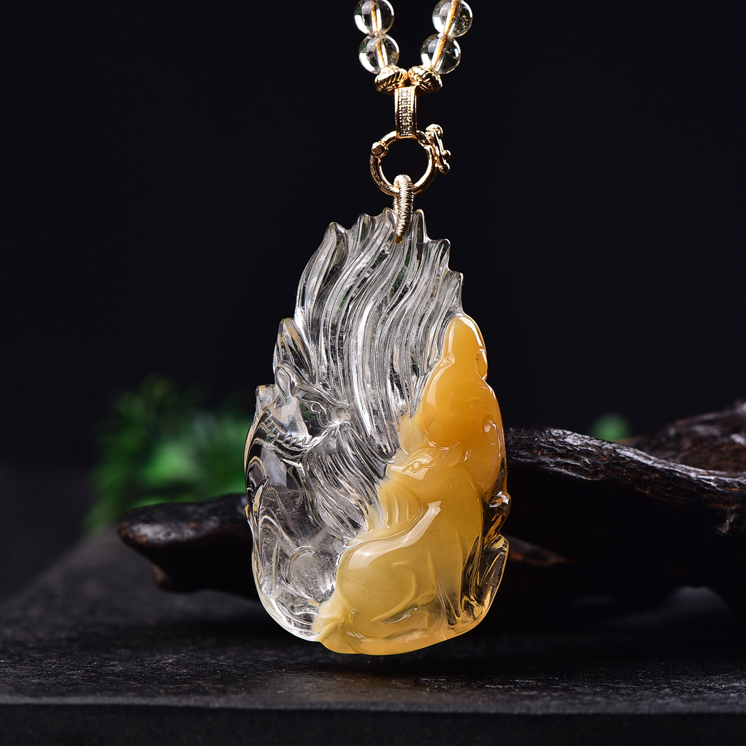 新款现货天然黄兔毛九尾狐吊坠手工雕刻水晶双狐狸原创设计项链