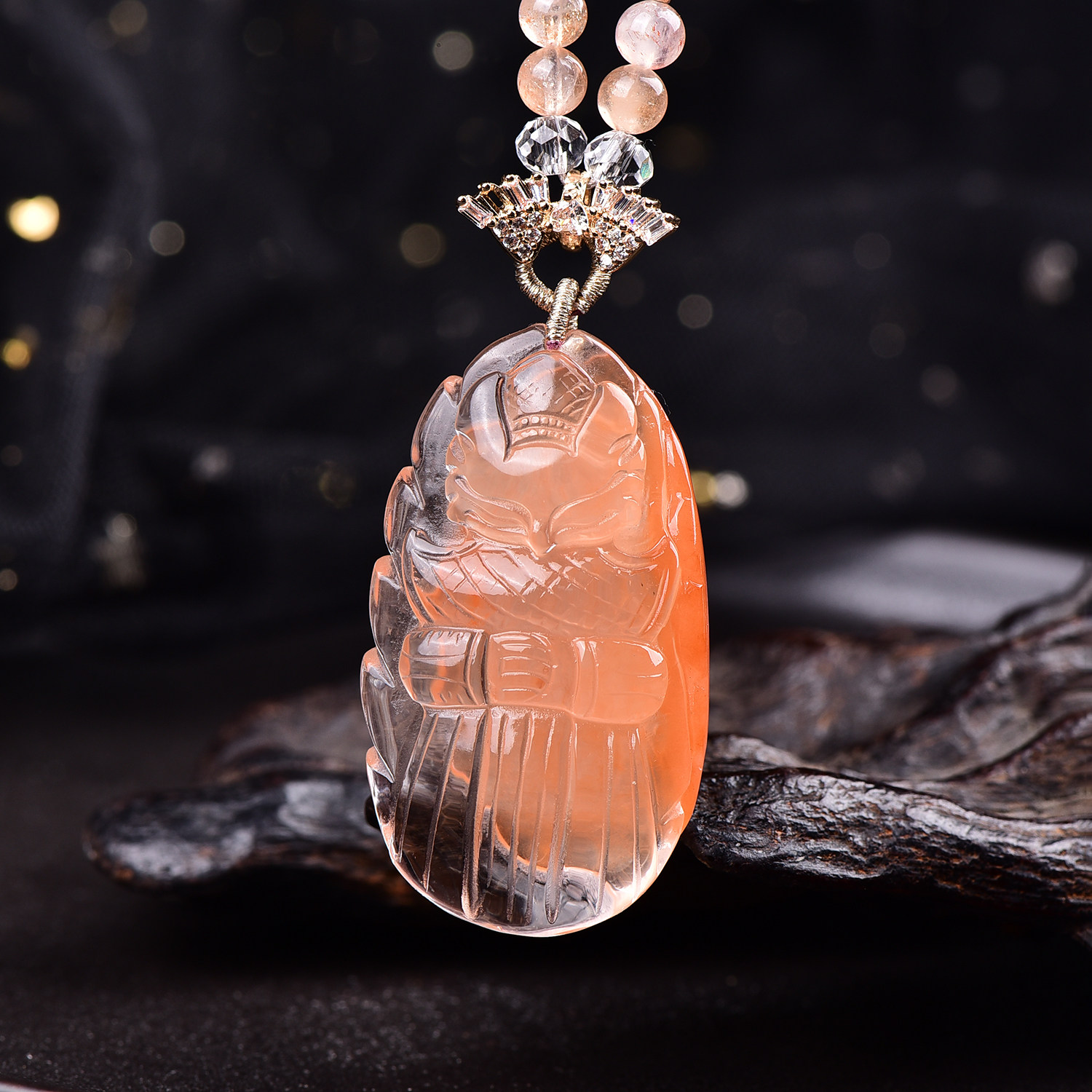 天然红兔毛九尾狐吊坠手工精雕立体红水晶狐狸原创设计项链