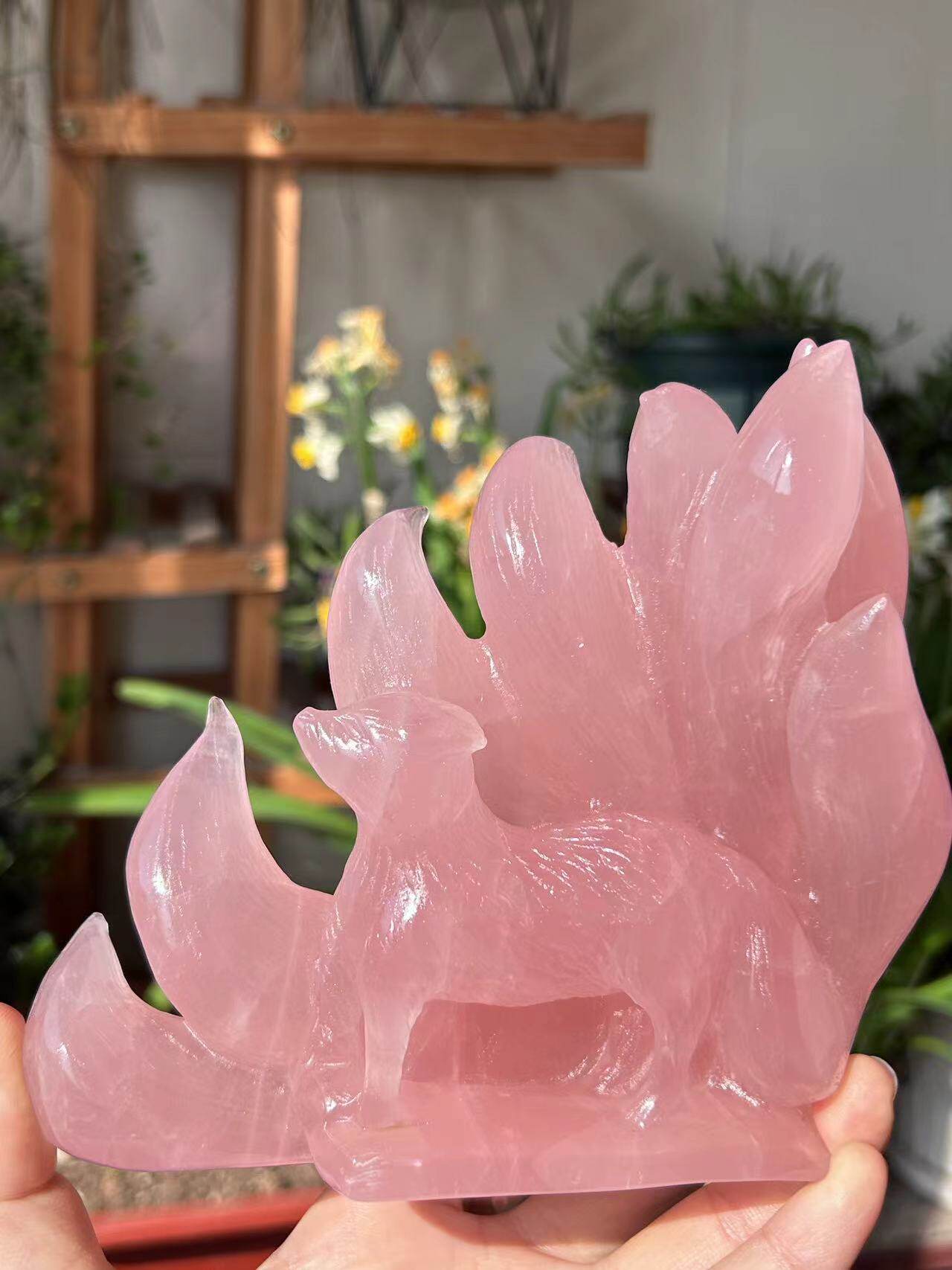 新款现货天然粉水晶九尾狐大摆件手工雕刻立体可爱粉晶狐狸摆件